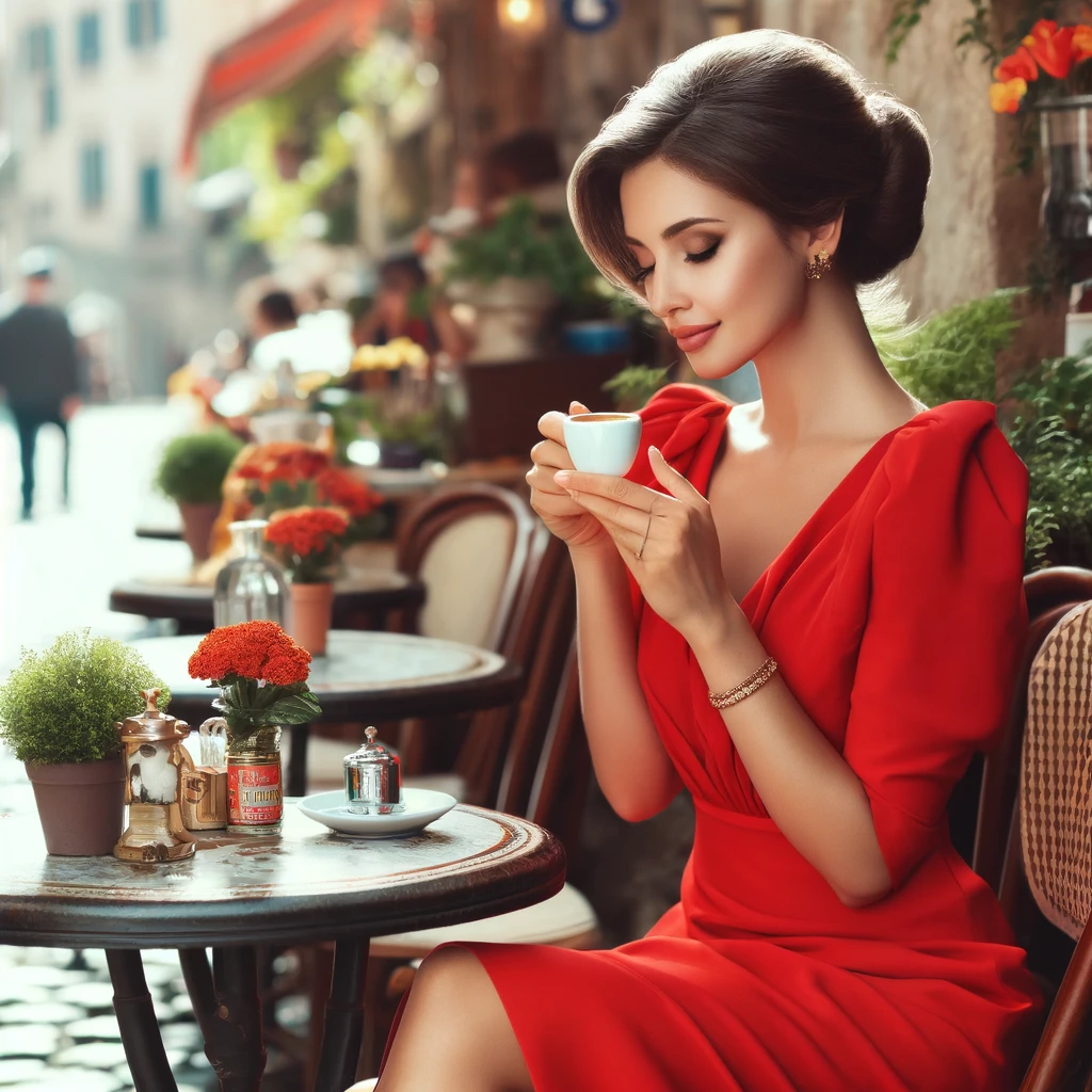 Una donna virtuale che gusta un caffè Rossocrema